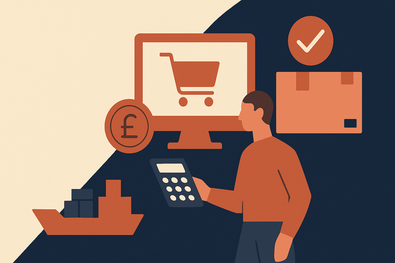 Calculator and shipping boxes showing landed cost components for UK ecommerce inventory
